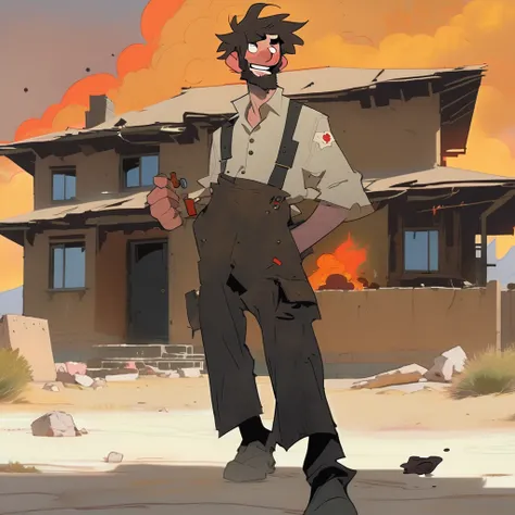 1man, Western, black wavy Messy hair, burnt hair, Leather apron, White button-down shirt, black pants patched, Failed beard, young adult, Thin, full body, Holding a Dynamite bomb, outside a house in the desert, Dirty with soot, Laughing, explosives, dynami...