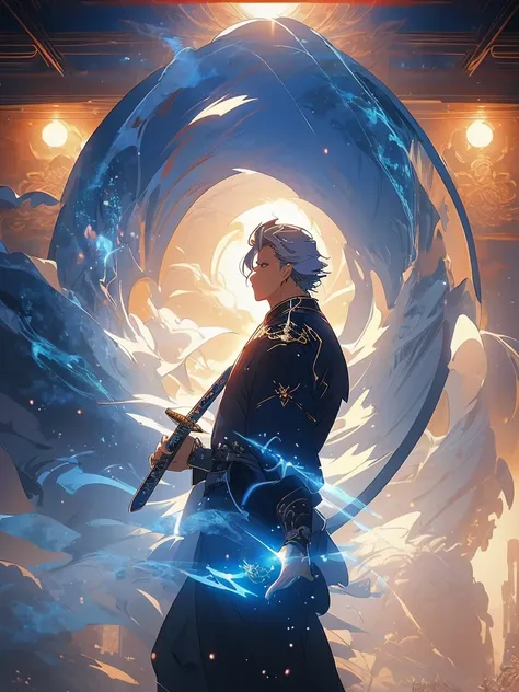 Photo of a man holding a sword, taken from the side of a computer screen, Sword and Wand - Water, Guweiz style artwork, Handsome guy in the art of slaying demons, makoto shinkai cyril rolando, 4k anime wallpapers, author：Hero, Anime art wallpaper 4k, Anime...