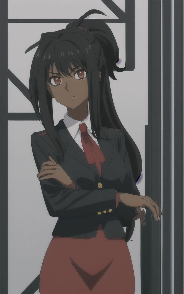 90s anime  black skinned business girl  in a red blazer skirt suit with a blouse underneath 