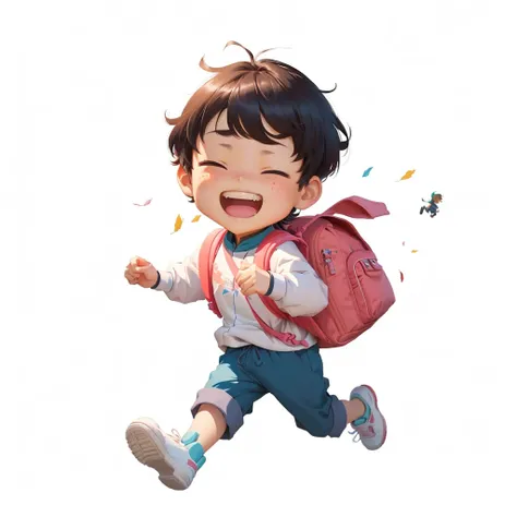 Cartoon boy running with backpack and rucksack, Childrens art on the art station, Happy children, Lovely characters, Cute numbers, The character is flying, author Jang Seung-eop, by Yanjun Cheng, High-quality character design, author jeonseok lee, He is ve...