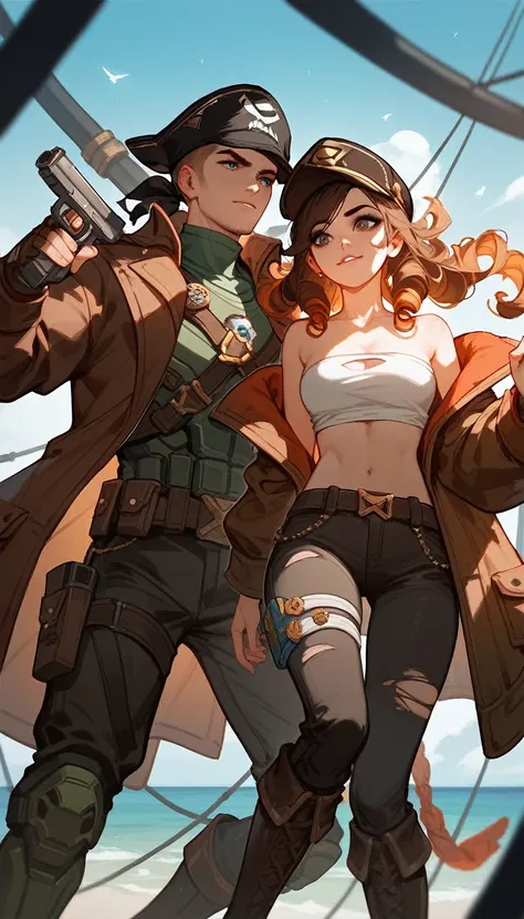 (Fraction_9,Fraction_8_Direction_7_up),（1 woman），pirate，cap，Off-shoulder，curls，White torn tube top，Brown coat，Leather boots black pants，Holding a gun, doom , League of Legends Characters, 