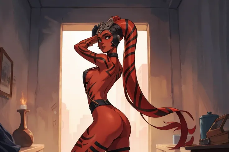 Tall, Red Skin Twilek with (naked, large breasts), large breasts, tall, graceful, (tall), slim hips, small waist, arched back, doing the splits, looking over her shoulder, back view, lithe, sinuous, sexy, backboob, sideboob