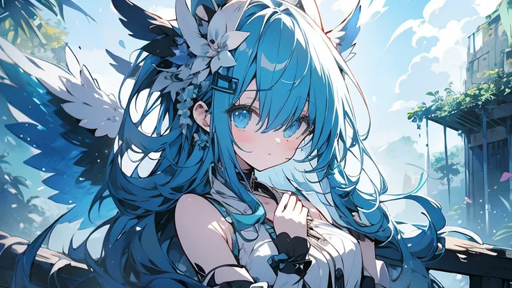 Miku Hatsune, add high definition_detail:1, blue fur,kitsune ears, tribal tattoo add_detail:1, in a ruins in the jungle, barefoot, tribal costume add_details:1, giant aqua feather wings add_detailsl:1 ,alas hermosas la mejor calidad y detail en las plumas,...