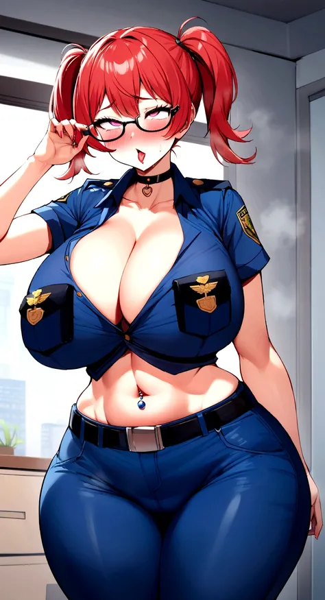 big lips, red hair, pink eyes, cara japonesa Ahegao, improve, improve grin, two sides up, huge breasts, Wide hips, sexy, detailed,  room, Hits, Ahegao, kawaii, police pants, police, GOOD,police costume, police shirt,  choker, police pants, police shirt,nav...