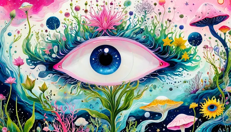 intense visuals，Multi-element fusion，bud，microorganism、plant、Marine life、Eye、Starry Sky，Stitching together an abstract painting，Describing the inner world of autistic people，Sense of space，White Space，interesting，Innocence，Psychedelic Art，pink