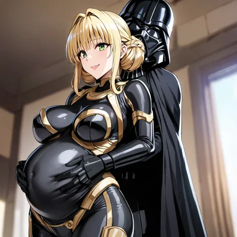 ((Highest quality)), ((masterpiece)), (detailed), （Perfect Face）、The woman is a Stormtrooper named Tiare, with green eyes, medium blonde hair, and a Princess Leia hairstyle. She is wearing a gorgeous black Stormtrooper bodysuit with gold patterns and trim,...