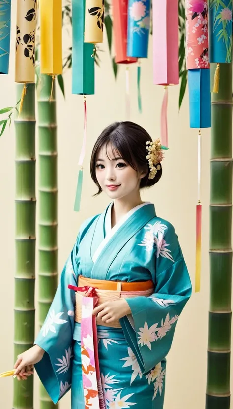 ((a girl in a yukata)),((Tanabata festival, decorated all bamboos:1.37)), ((many colorful strips of paper hanging from the bamboo branches:1.27)), 