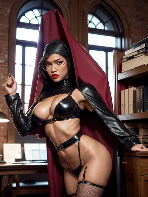 The best picture,The most realistic,4K clarity,zendaya,Big breasts, big muscles, red lips, glasses, leather nun outfit, high heels, office, 