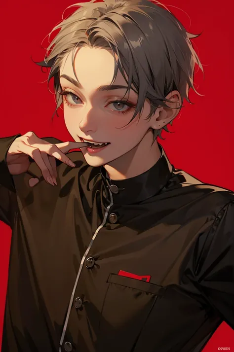 Short-haired man、Show your fangs,Pull the corners of your mouth with your hands、Black Jersey、Gray Hair