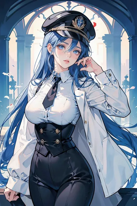 (masterpiece), best quality, seductive eyes, mature woman, blue eyes, long blue hair, long eyelashes, white shirt, black pants, peaked cap, big breast, anime cover, 1girl
