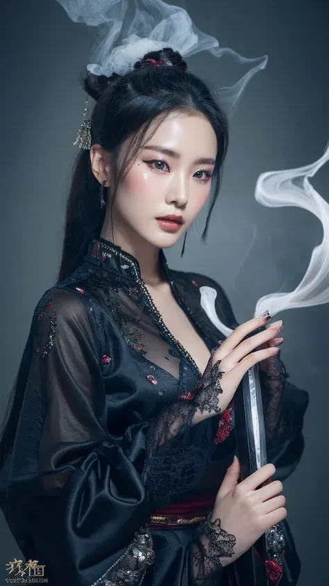 （lifelike， high resolution：1.3）， close up，Sense of story，Realism，Chinese aesthetics，An ethereal Chinese witch，Dressed in sexy and charming clothes，Holding a ninja blade surrounded by obsidian smoke，Subtle dark smoke and fog effects、Precise facial contours、...