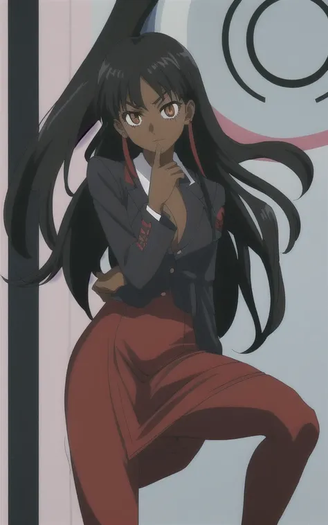 90s anime  black skinned business girl  in a red blazer skirt suit with a blouse underneath 