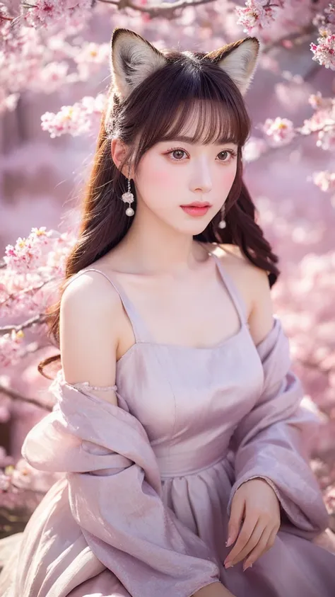 （lifelike， high resolution：1.3）， close up，Sense of story，Realism，Chinese aesthetics，Portrait，Photography，8K,A gentle and mysterious fox demon，Deep eyes and seductive，Dressed in gorgeous period costumes，Slim and graceful figure。She sat under the old cherry ...