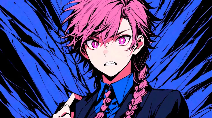 Beautiful youth,One Man,16 years old,Upper Body,Jagged teeth,Dark pink hair,The bangs are down, The right sideburn is braided,Cat-like narrow pupils,Black and pink eyes,black and blue fitted suit,