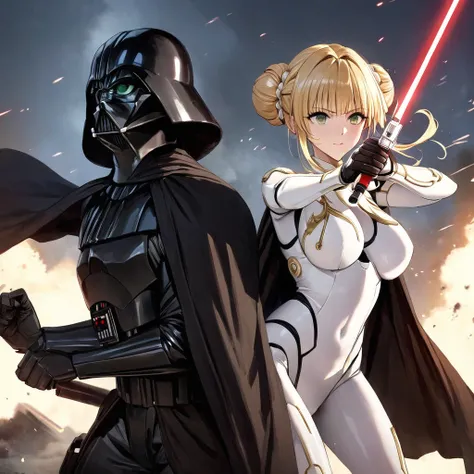 ((Highest quality)), ((masterpiece)), (detailed), （Perfect Face）、The woman is a Stormtrooper named Tiare, with green eyes, medium blonde hair, and a Princess Leia hairstyle. She is wearing a gorgeous black Stormtrooper bodysuit with gold patterns and trim,...