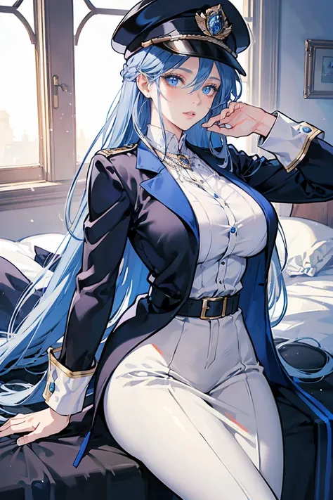 (masterpiece), best quality, seductive eyes, mature woman, blue eyes, long blue hair, long eyelashes, white shirt, black pants, peaked cap, big breast, anime cover, 1girl, tall 
