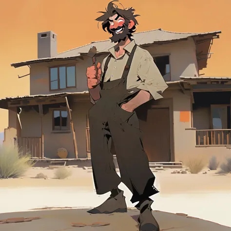 score_9, score_8_up, score_7_up, score_6_up, score_5_up, score_4_up, 1man, Western, black wavy Messy hair, burnt hair, Leather apron, White button-down shirt, black pants patched, Failed beard, young adult, Thin, full body, Holding a Dynamite bomb, outside...