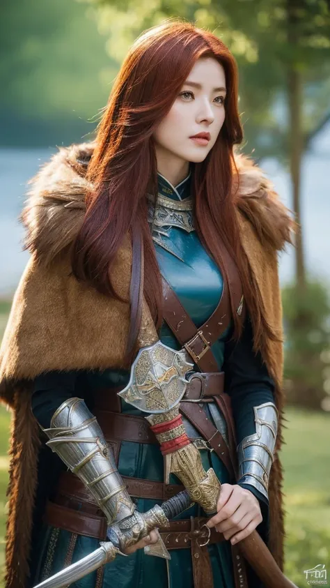 （lifelike， high resolution：1.3）， close up，Sense of story，Realism，Chinese aesthetics，A Mysterious Asian Warrior Princess，
Redhead shawl,Viking Warframe,Fur cape,Nordic fjords,Holding a tomahawk