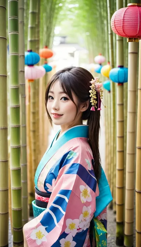 ((a girl in a yukata)),((Tanabata festival, decorated all bamboos:1.37)), ((many colorful strips of paper hanging from the bamboo branches:1.27)), 