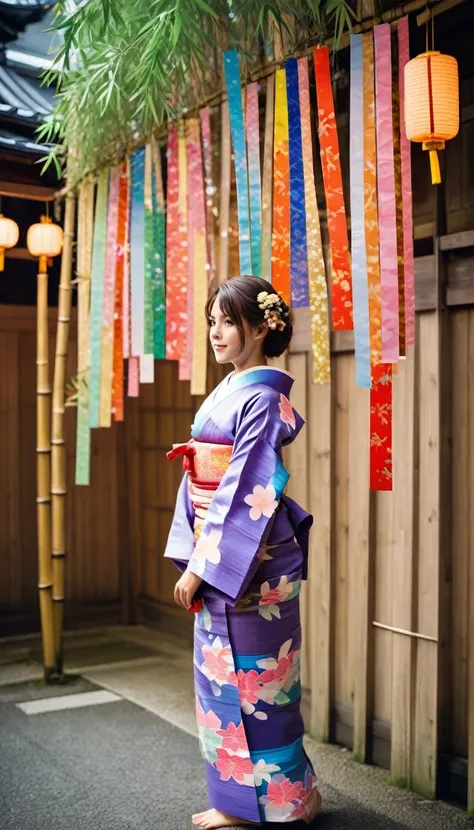 ((a girl in a yukata)),((Tanabata festival, decorated all bamboos:1.37)), ((many colorful strips of paper hanging from the bamboo branches:1.27)), 