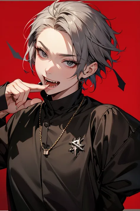 Short-haired man、Show your fangs,Pull the corners of your mouth with your hands、Black Jersey、Gray Hair