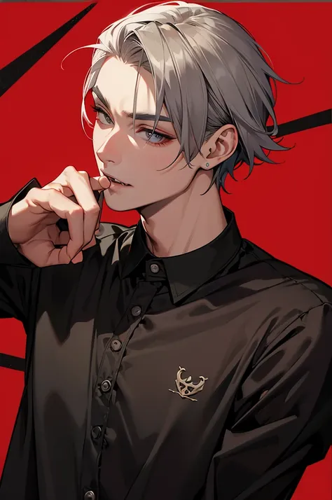 Short-haired man、Show your fangs,Pull the corners of your mouth with your hands、Black Jersey、Gray Hair