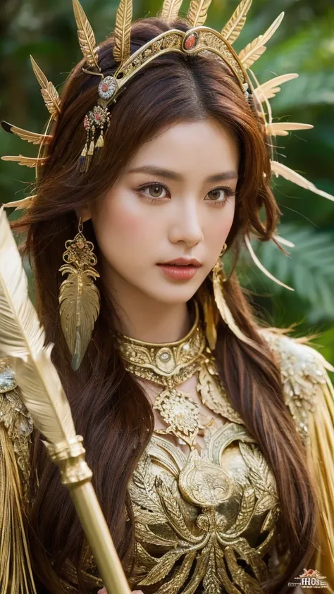 （lifelike， high resolution：1.3）， close up，Sense of story，Realism，Chinese aesthetics，A Mysterious Asian Warrior Princess，
Brown curly hair,Color Totem,Feather headdress,Deep in the rainforest,Scepter in hand