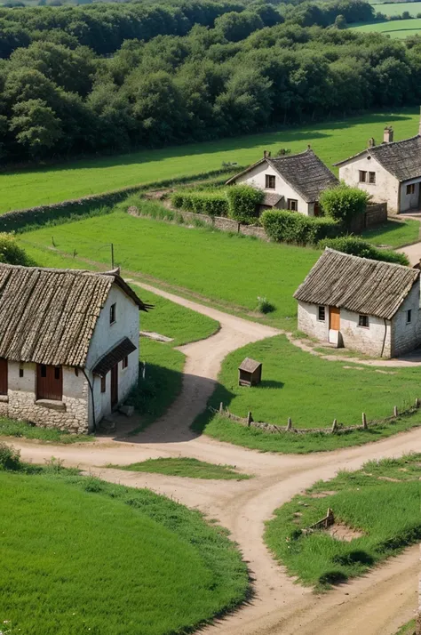 Village scene with field and bad road