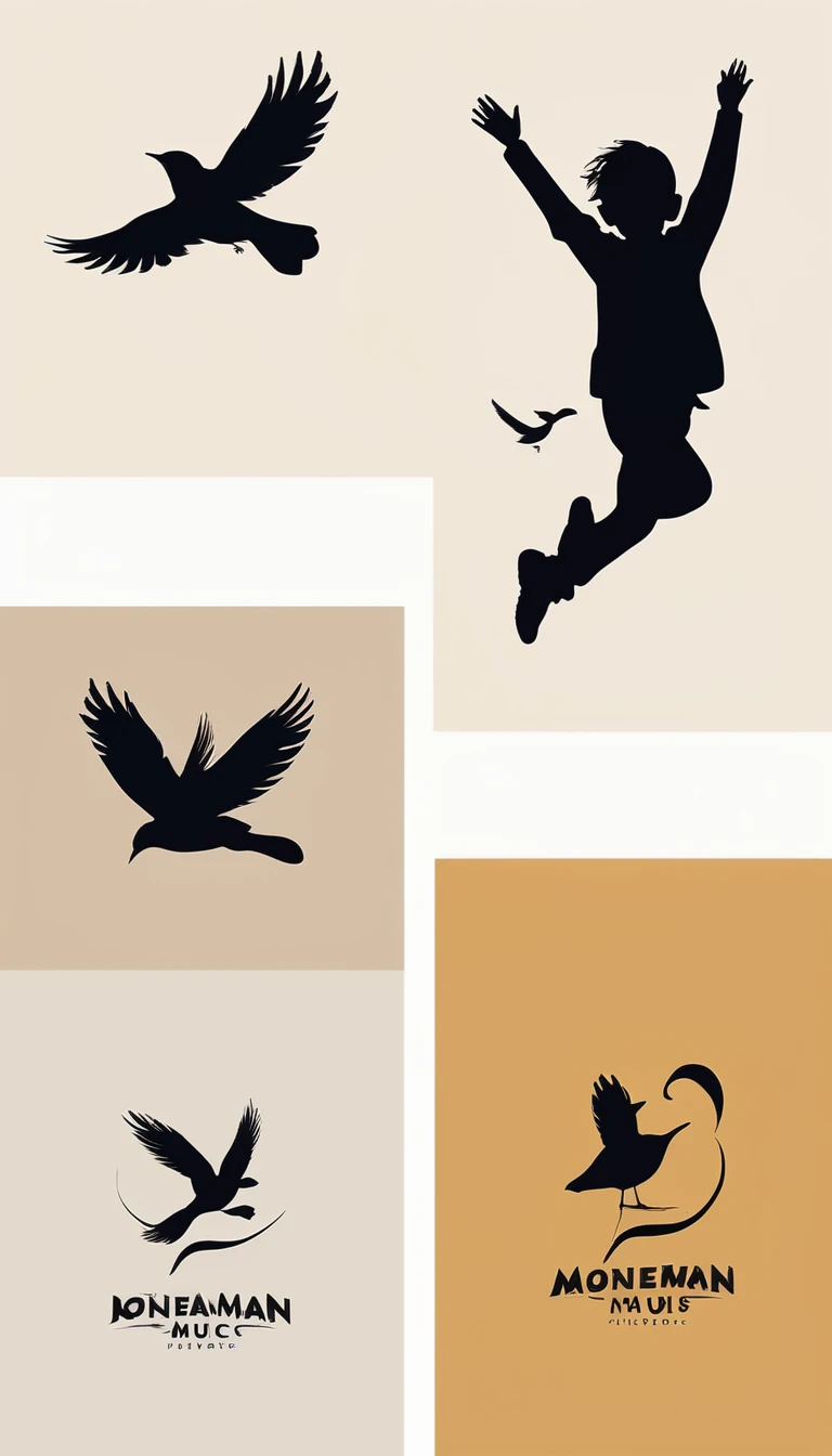 Create a modern, minimalistic logo design for a brand about music and movies. The logo must be in minimalistic style and convey a sense of storytelling. The logo is the silhouette of a boy and a bird. The boy is running with open arms, holding an acoustic ...