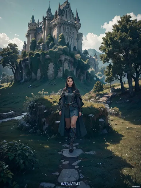 A warrior woman, looking into the distance a kingdom, A beautiful castle stands out, guarded by a high wall and stone giants., watchtowers can be seen, the view is wide, from the bottom of the jacket. The kingdom looks big and prosperous with hanging garde...