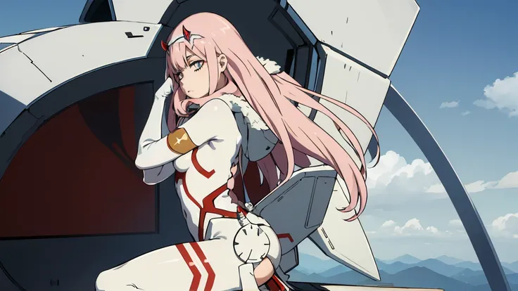 masterpiece, Best quality, ZeroTwo, horns, hair band, white bodysuit, full length, Correct anatomy 1.1., White gloves, fur, Sitting, From Side, Looking at the viewer, bored, Runway, sky, clouds 