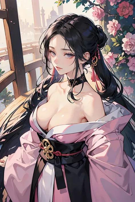 (masterpiece), best quality, seductive eyes, mature woman, black eyes, small eyes, black blue hair, long eyelashes, white and pink kimono, swordswoman, big breast, anime cover, 1girl, tall,
