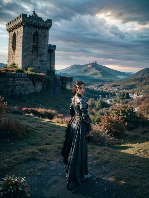 A warrior woman with her back turned, looking into the distance a kingdom, A beautiful castle stands out, guarded by a high wall and stone giants., watchtowers can be seen, the view is wide, from the bottom of the jacket. The kingdom looks big and prospero...