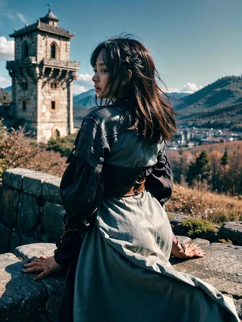 a warrior woman with her back turned, looking into the distance a kingdom, a beautiful castle stands out, guarded by a high wall...