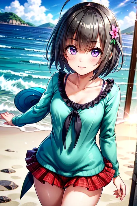 very cute and beautiful girl,(very exquisite beautiful face and eyes),short hair、purple eyes、ahoge、hair ornaments、gray hair、mina...