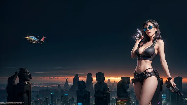 At night, dark sky, aerial view of fantasy cyberpunk style Moai-statue city, ((flying vehicle)). (1girl, solo), photo realistic, medium-breast:1.1 slim body, cleavage, sexy clothes, (black sunglasses), (((hip-up standing aiming pistol pose))), half-body th...