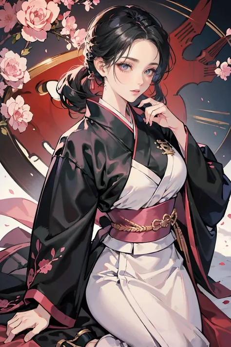 (masterpiece), best quality, seductive eyes, mature woman, black eyes, small eyes, black hair, long eyelashes, white and pink kimono, swordswoman, big breast, anime cover, 1girl, tall,
