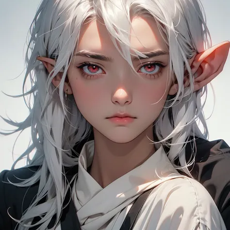 young elf, grey skin, white hair, red eyes dark clothes, tired, sad