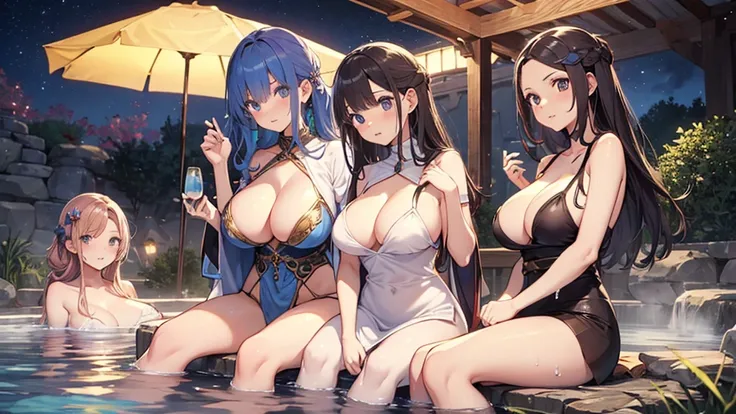 A group of women set in a medieval fantasy world、Dragon Quest、 (At the hot spring), Mr..々Hairstyle, Harem, night, detailed aspects,  Seduce, Huge breasts、Big Ass、Wide waist、Wet bath towel