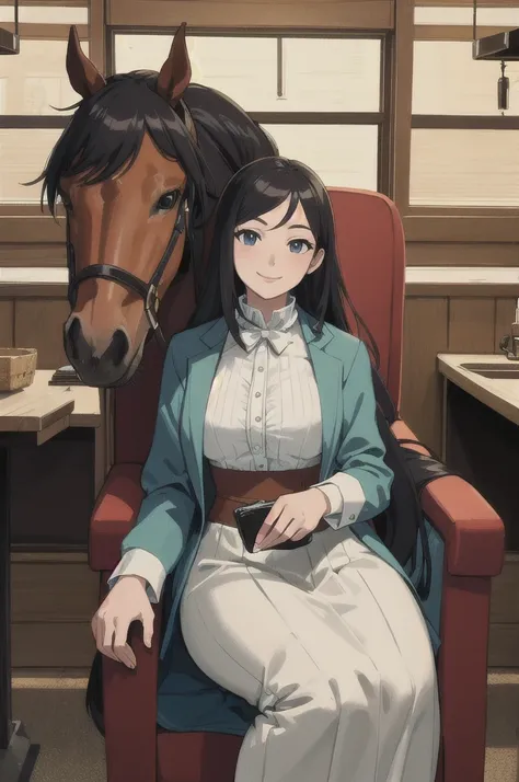 (masterpiece, highest quality:1.2), alone, one girl, horse girl, smile, view your viewers, sitting, chair, have, horse&#39;s ear...