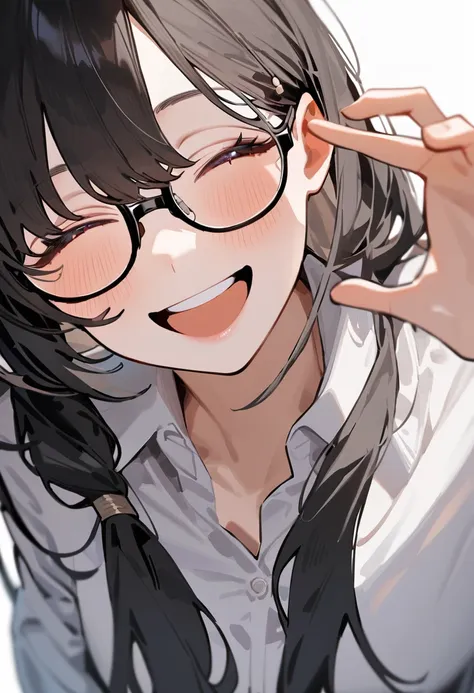 masterpiece, highest quality, so beautiful, absurd,
one girl, alone, black hair, long hair,
thermont 16a, glasses, 
collared shi...