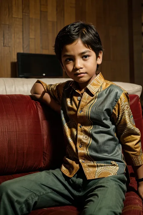 an 8 year old boy.wearing batik clothes,pose sofa,family room background,rialistic,original photo