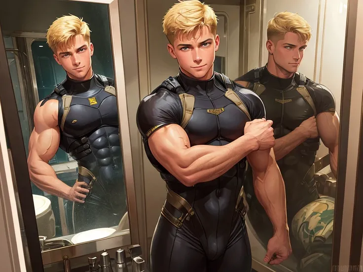 illustration in Leyendecker style; The girl deepthroats and sucks the big dick of the seal LT. Troy Adams. Standing 62" with ripped muscles trained as a Marine, he was ready. He looked into the mirror on the ships bunk wall, applying camouflage to his 22-y...