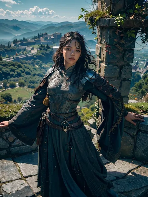 A warrior woman with her back turned, looking into the distance a kingdom, A beautiful castle stands out, guarded by a high wall and stone giants., watchtowers can be seen, the view is wide, from the bottom of the jacket. The kingdom looks big and prospero...