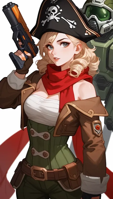 (Fraction_9,Fraction_8_Direction_7_up), （（1 woman））（1 woman），Female Pirate，hat，White tube top，Brown clothes，apparel，Off-shoulder，scarf，curls，欧洲中世纪apparel，Black monocular，Holding a gun, doom, doom, League of Legends Characters ，