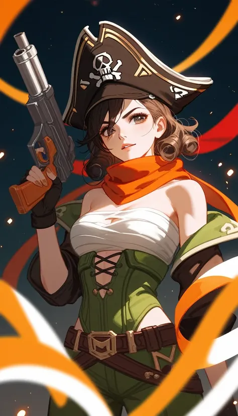 (Fraction_9,Fraction_8_Direction_7_up), （（1 woman））（1 woman），Female Pirate，hat，White tube top，Brown clothes，apparel，Off-shoulder，scarf，curls，欧洲中世纪apparel，Black monocular，Holding a gun, doom, doom, League of Legends Characters ，