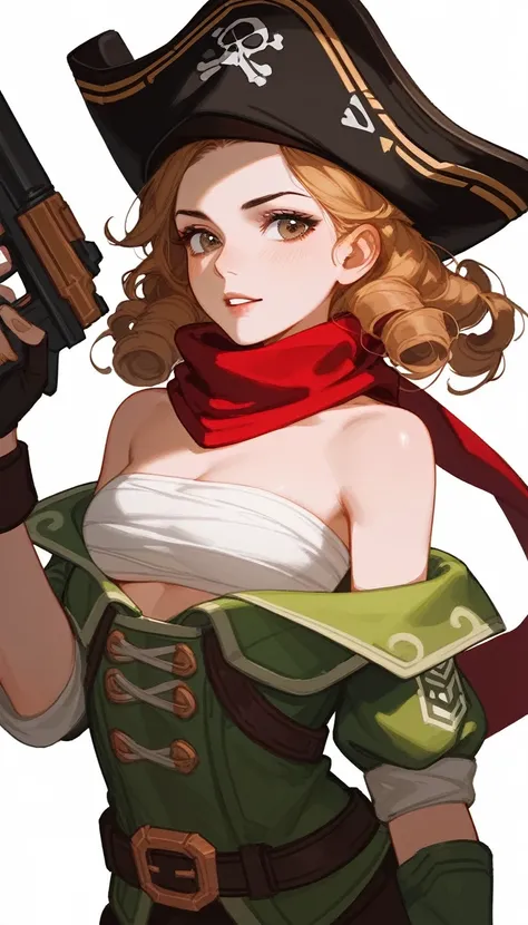 (Fraction_9,Fraction_8_Direction_7_up), （（1 woman））（1 woman），Female Pirate，hat，White tube top，Brown clothes，apparel，Off-shoulder，scarf，curls，欧洲中世纪apparel，Black monocular，Holding a gun, doom, doom, League of Legends Characters ，