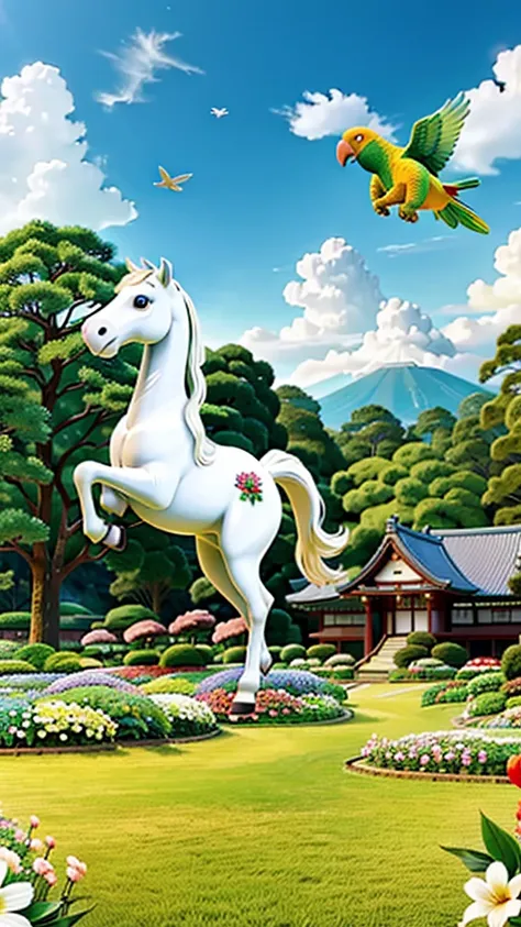 A white horse in a flower garden with a parrot flying in Japan 