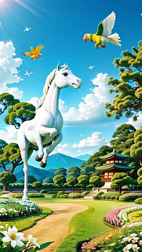 A white horse in a flower garden with a parrot flying in Japan 