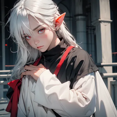 one young elf, grey skin, white hair, red eyes dark clothes, tired, sad